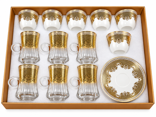 Luxury Arabic Coffee & Tea Thermos Set – Gold & Cream - includes cups and saucers