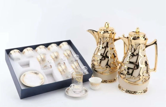 Luxury Arabic Coffee & Tea Thermos Set – Gold & Cream - includes cups and saucers